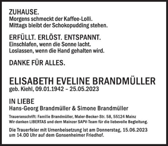 Traueranzeige von Elisabeth Eveline Brandmüller von Allgemeine Zeitung Mainz