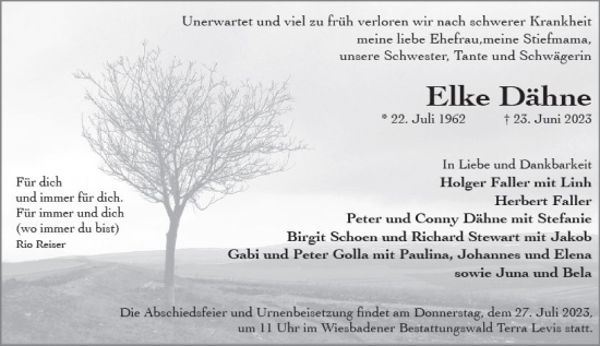 Traueranzeige von Elke Dähne von Wiesbadener Kurier