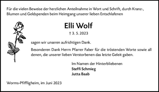 Traueranzeige von Elli Wolf von Wormser Zeitung