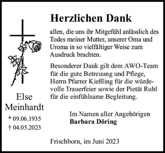 Traueranzeige von Else Meinhardt von VRM Trauer