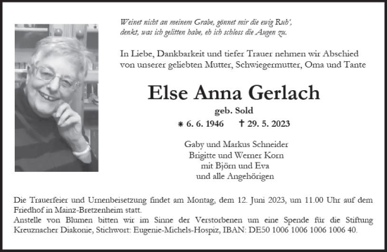 Traueranzeige von Else Anna Gerlach von Allgemeine Zeitung Mainz
