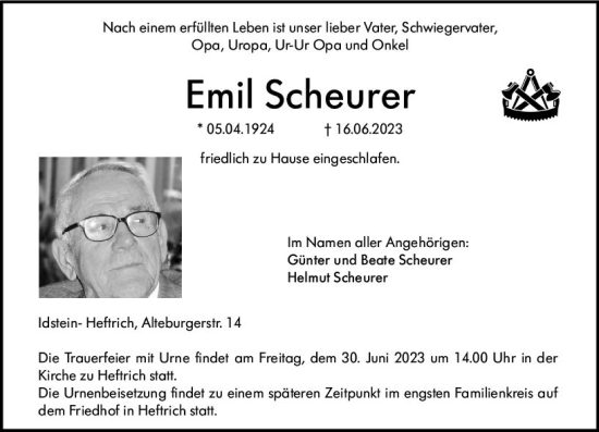 Traueranzeige von Emil Scheurer von Idsteiner Land/Untertaunus