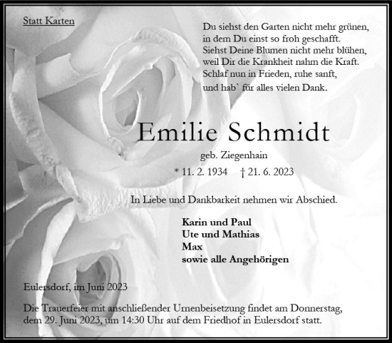 Traueranzeige von Emilie Schmidt von VRM Trauer