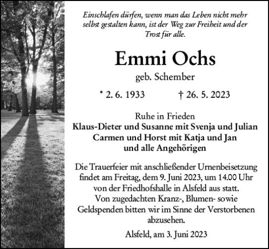 Traueranzeige von Emmi Ochs von VRM Trauer