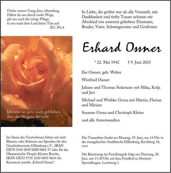 Traueranzeige von Erhard Ossner von Dill Block