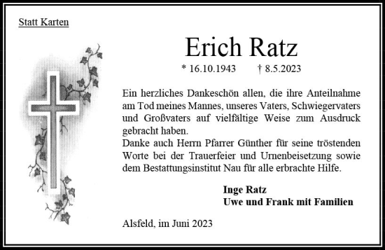 Traueranzeige von Erich Ratz von Oberhessen Kurier