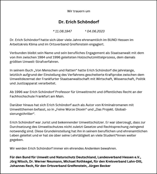 Traueranzeige von Erich Schöndorf von Wetzlarer Neue Zeitung