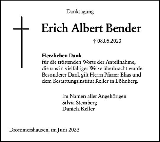 Traueranzeige von Erich Albert Bender von Weilburger Tageblatt
