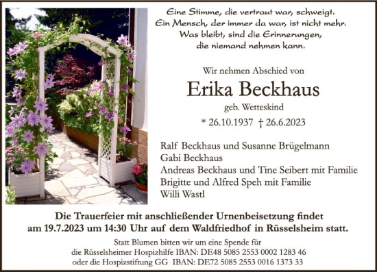 Traueranzeige von Erika Beckhaus von Rüsselsheimer Echo