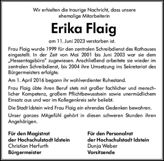 Traueranzeige von Erika Flaig von Idsteiner Land/Untertaunus