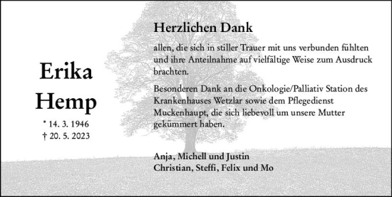 Traueranzeige von Erika Hemp von Weilburger Tageblatt