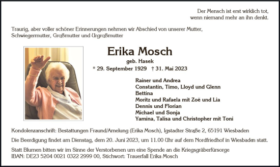 Traueranzeige von Erika Mosch von Wiesbadener Kurier