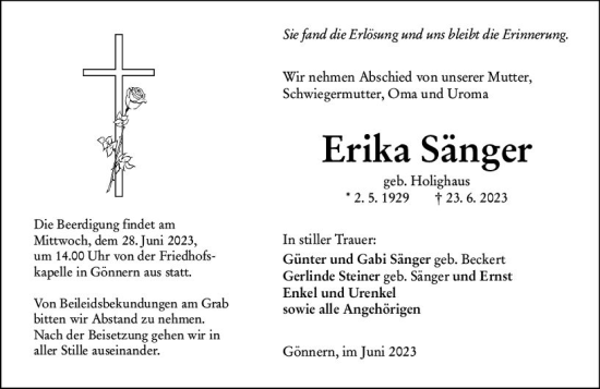 Traueranzeige von Erika Sänger von Hinterländer Anzeiger