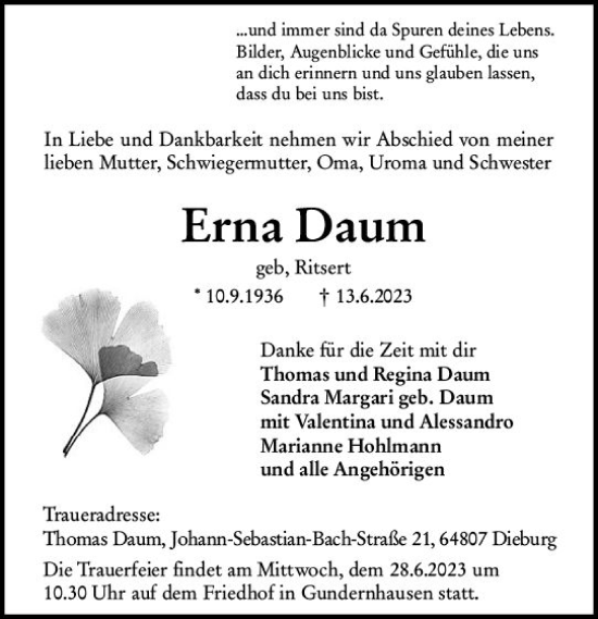 Traueranzeige von Erna Daum von Darmstädter Echo