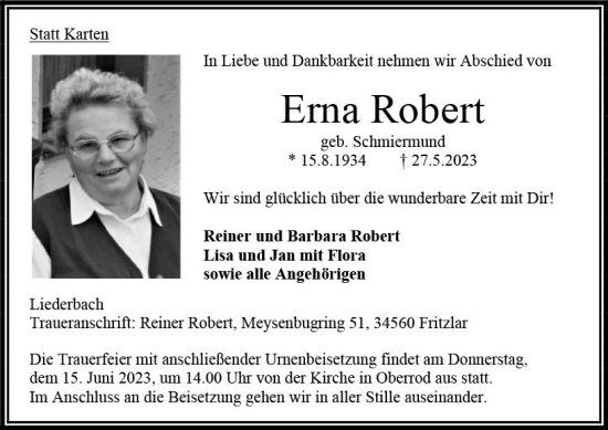 Traueranzeige von Erna Robert von VRM Trauer