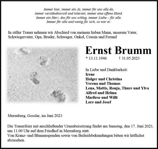 Traueranzeige von Ernst Brumm von Weilburger Tageblatt