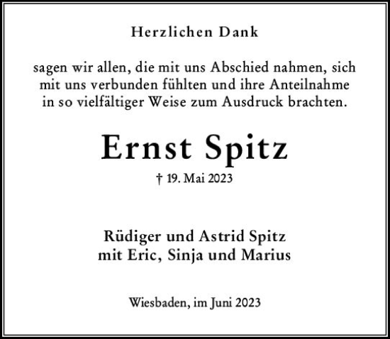 Traueranzeige von Ernst Spitz von Wiesbadener Kurier