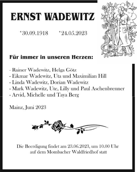 Traueranzeige von Ernst Wadewitz von Allgemeine Zeitung Mainz