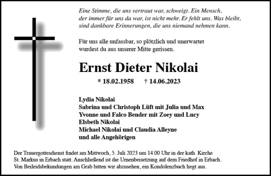Traueranzeige von Ernst Dieter Nikolai von Rheingau Kurier