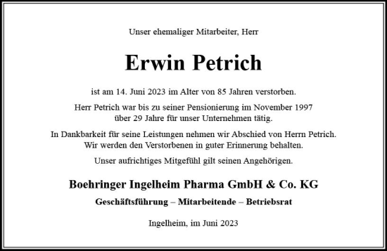 Traueranzeige von Erwin Petrich von Allgemeine Zeitung Bad Kreuznach