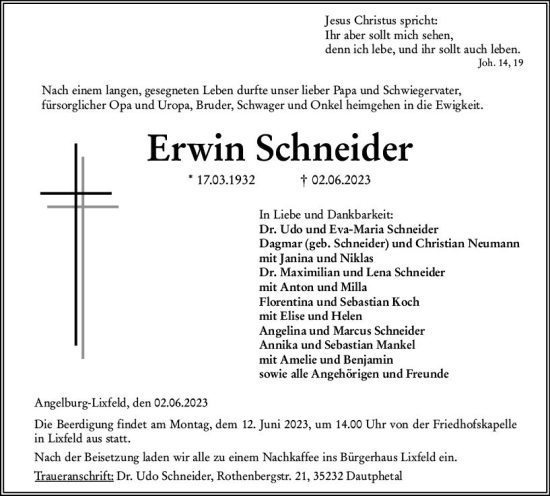 Traueranzeige von Erwin Schneider von Hinterländer Anzeiger
