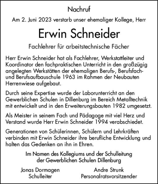 Traueranzeige von Erwin Schneider von Dill Block