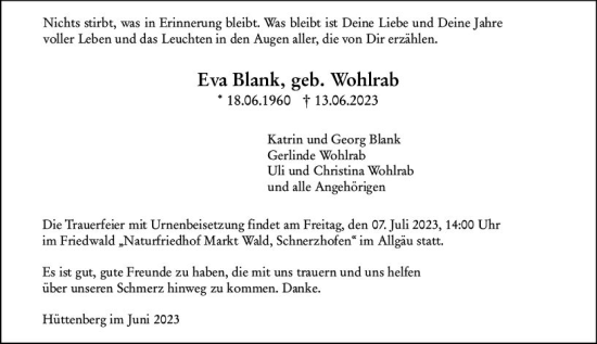 Traueranzeige von Eva Blank von Wetzlarer Neue Zeitung