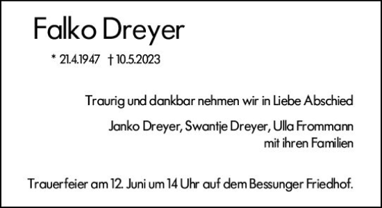 Traueranzeige von Falko Dreyer von Darmstädter Echo