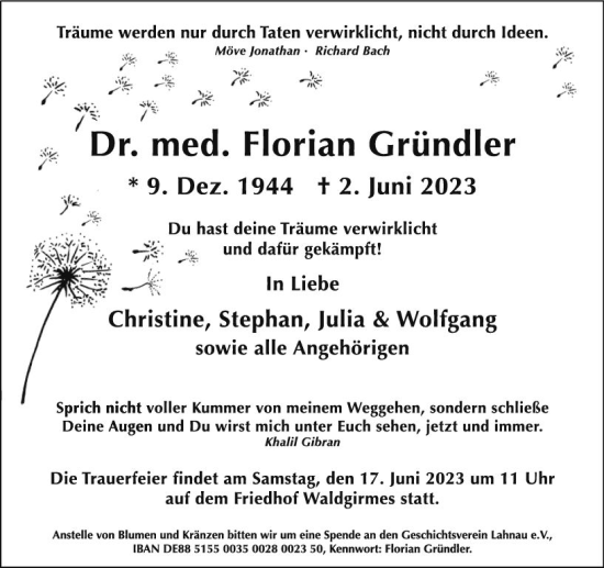 Traueranzeige von Florian Gründler von Wetzlarer Neue Zeitung