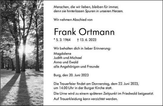 Traueranzeige von Frank Ortmann von Dill Block