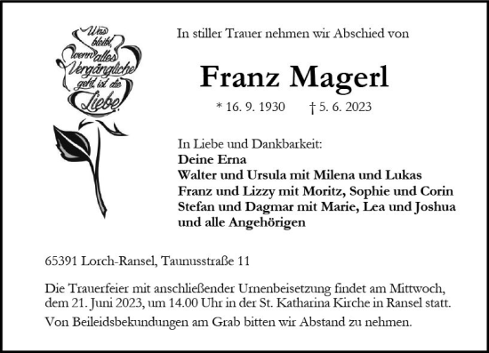 Traueranzeige von Franz Magerl von Rheingau Kurier