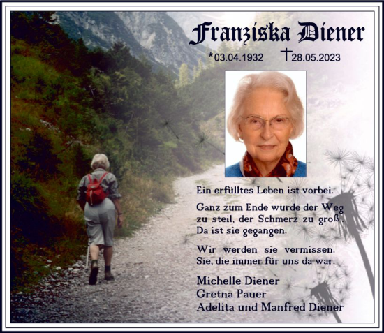 Traueranzeige von Franziska Diener von Hochheimer Zeitung