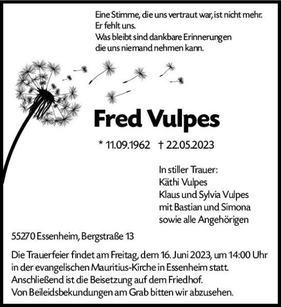 Traueranzeige von Fred Vulpes von Allgemeine Zeitung Mainz