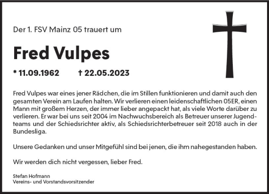 Traueranzeige von Fred Vulpes von Allgemeine Zeitung Bingen/Ingelheim