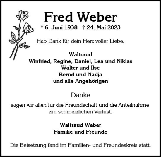 Traueranzeige von Fred Weber von Wiesbadener Kurier
