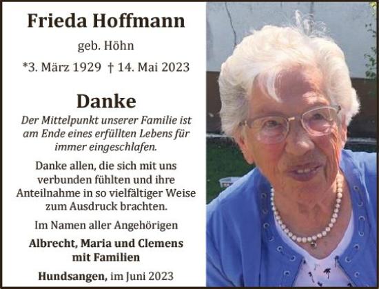 Traueranzeige von Frieda Hoffmann von Nassauische Neue Presse