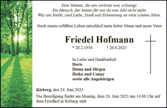 Traueranzeige von Friedel Hofmann von Nassauische Neue Presse