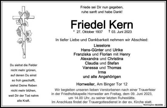 Traueranzeige von Friedel Kern von Allgemeine Zeitung Bingen/Ingelheim