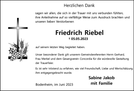 Traueranzeige von Friedrich Riebel von Allgemeine Zeitung Mainz