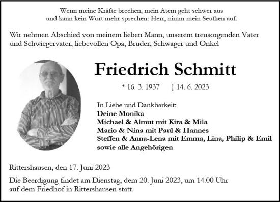 Traueranzeige von Friedrich Schmitt von Dill Block