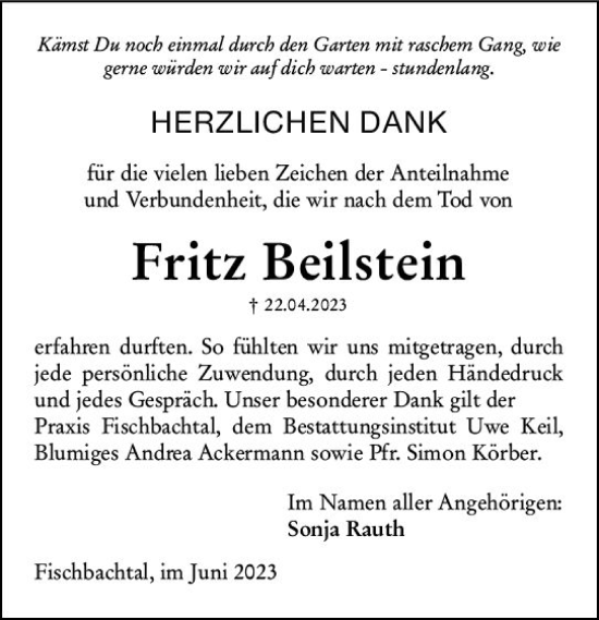 Traueranzeige von Fritz Beilstein von Darmstädter Echo
