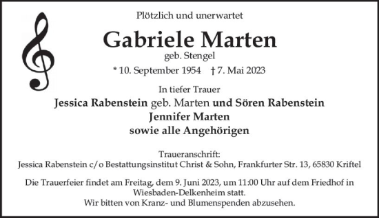 Traueranzeige von Gabriele Marten von Wiesbadener Kurier