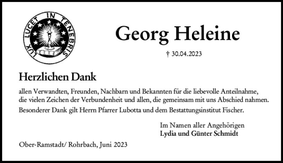 Traueranzeige von Georg Heleine von Darmstädter Echo