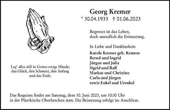 Traueranzeige von Georg Kremer von Camberger Anzeiger