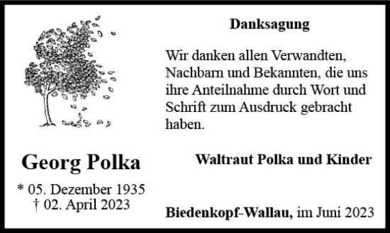 Traueranzeige von Georg Polka von Hinterländer Anzeiger