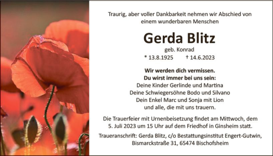 Traueranzeige von Gerda Blitz von Allgemeine Zeitung Mainz