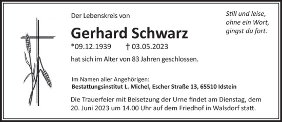 Traueranzeige von Gerhard Schwarz von Camberger Anzeiger