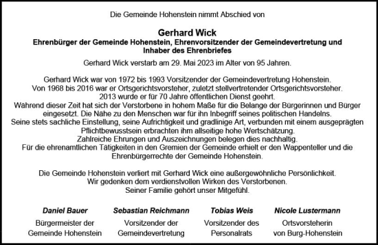 Traueranzeige von Gerhard Wick von Idsteiner Land/Untertaunus