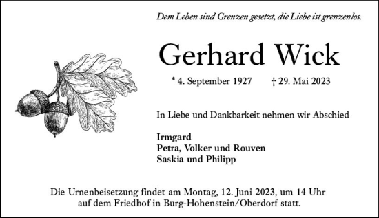 Traueranzeige von Gerhard Wick von Idsteiner Land/Untertaunus