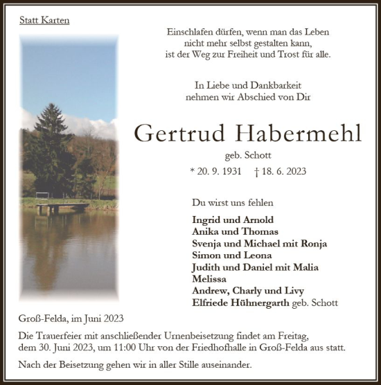 Traueranzeige von Gertrud Habermehl von Oberhessen Kurier